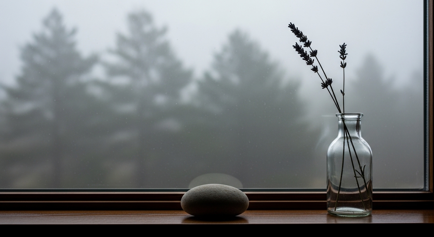 A stone and lavender on a rainy windowsill โ stillness and reflection