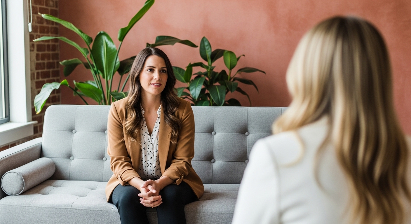 Therapist session โ two women in a warm conversation